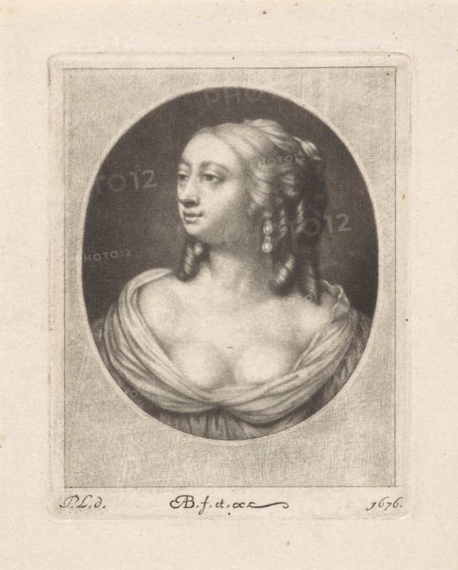 Bust of a young woman with half-naked bosom, Abraham Bloteling, 1676