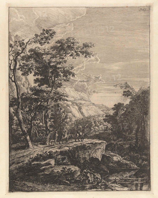 Landscape with woman riding a mule along the Aqua Negro between Bologna and Florence, Jan Both, 1644 - 1652