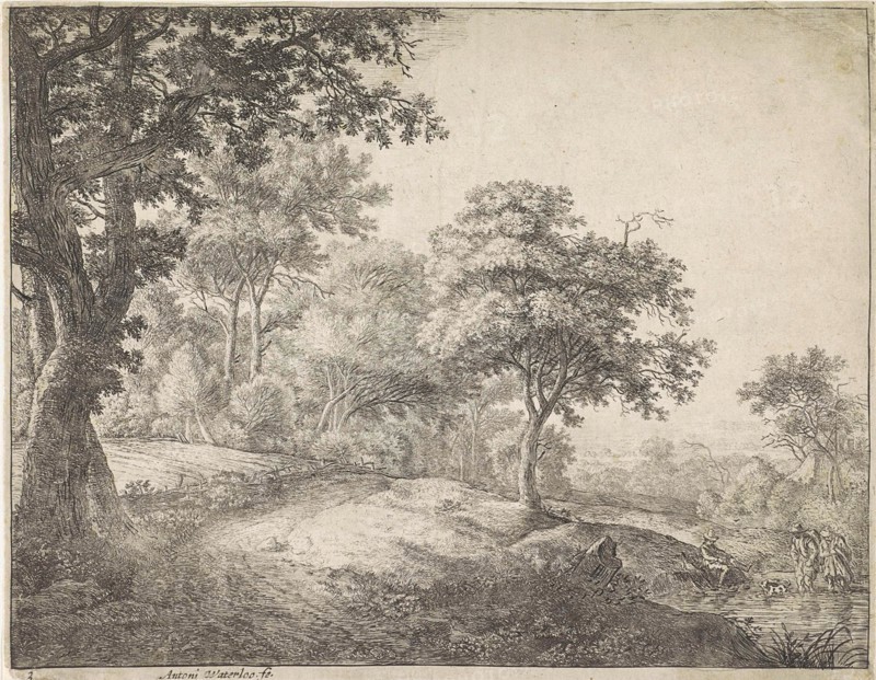 Two figures wading through a stream, Anthonie Waterloo, 1630 - 1663