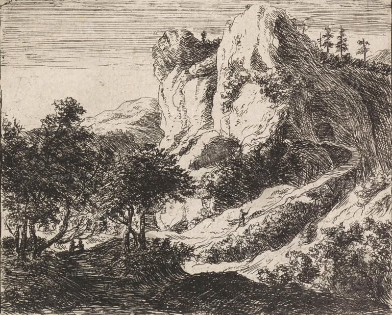 Wooden bridge with a rock, Jan Soukens, Anthonie Waterloo, 1678 - 1725