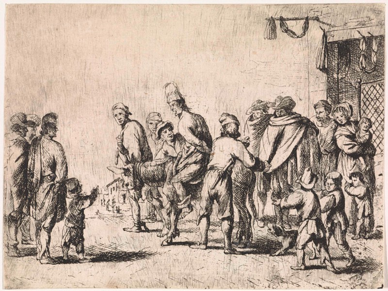 Man tied up on a donkey, print maker: Cornelis de Wael, 1630 - 1648