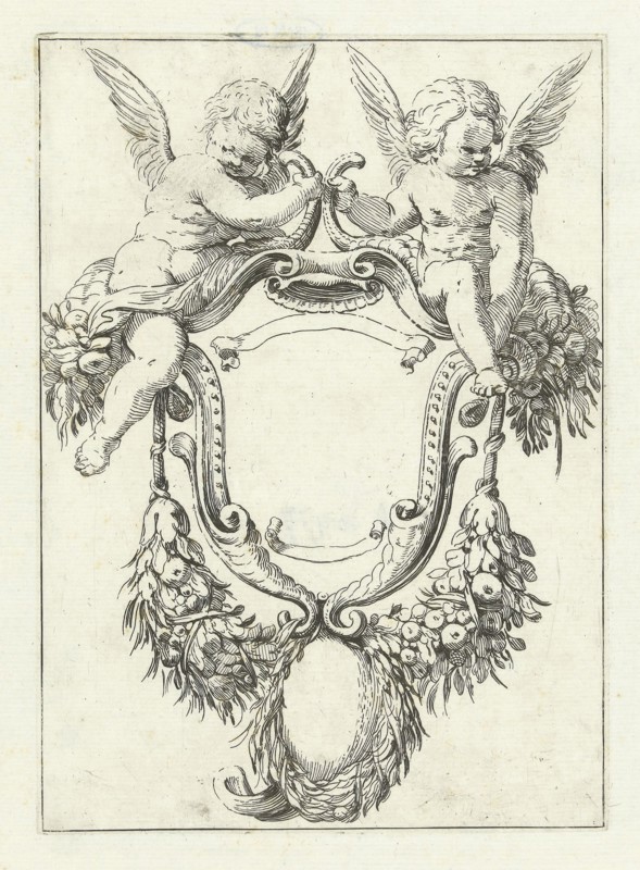 Cartouche with garlands and two seated putti, Agostino Mitelli, print maker: Anonymous, after 1619 - before 1642