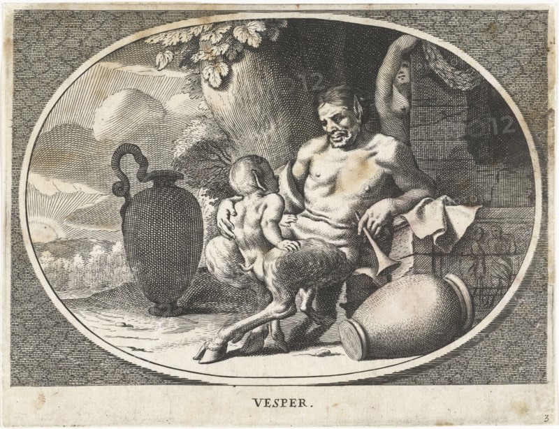 Satyr with child sit at tree, Cornelis van Dalen (II), Charles Le Brun, 1648 - 1664
