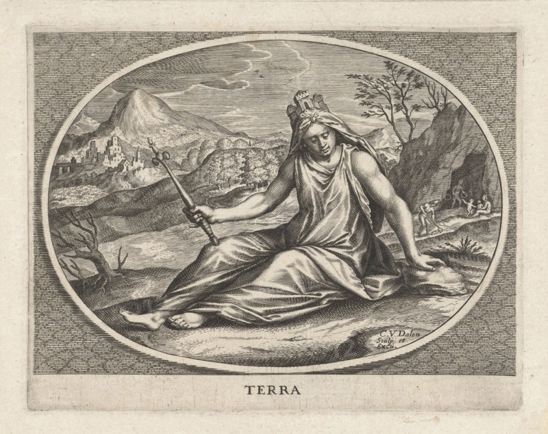 Female personification of earth element wall with crown and scepter, Cornelis van Dalen II, 1648 - 1664