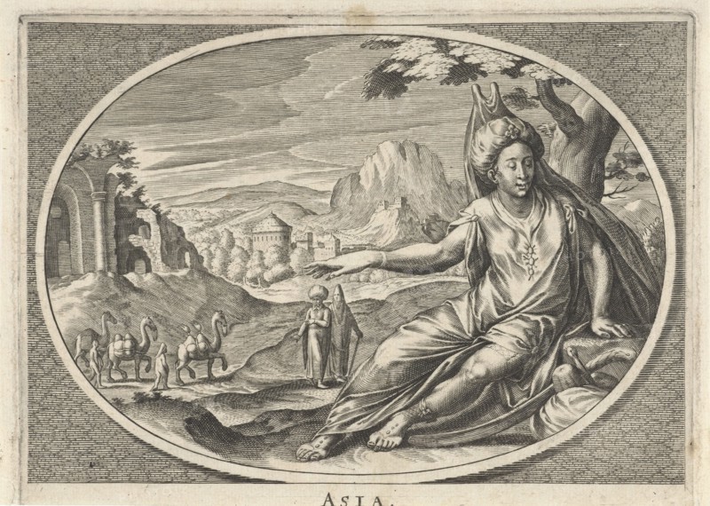 Female personification of continent of Asia as a woman with turban and saber in landscape with camels, Cornelis van Dalen II, 1648 - 1664