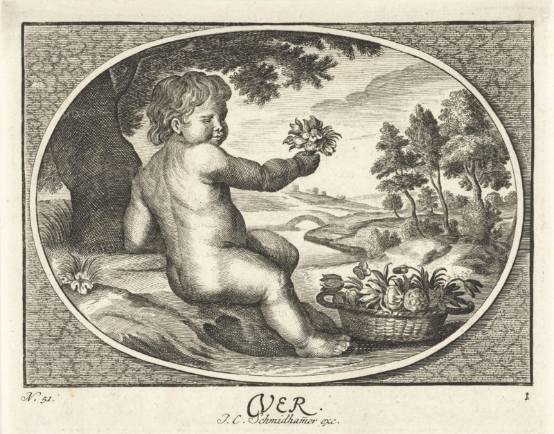 Spring in the form of child with basket of flowers in landscape in oval, Cornelis van Dalen II, Anonymous, Joh. Christoph Schmidhammer, 1735 - 1750