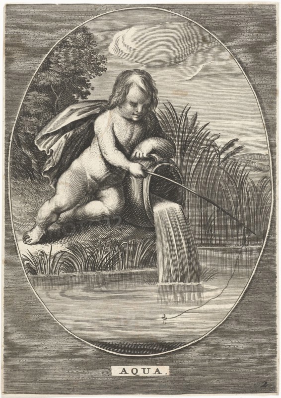 Element water as a child with fishing rod leaning on jar where water flows at shoreline in oval, Cornelis van Dalen (II), Anonymous, Abraham van Diepenbeeck, 1648 - 1706
