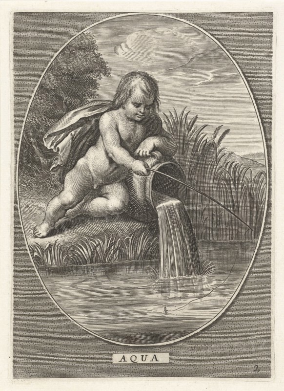 Element water as a child with fishing rod leaning on jar where water flows at shoreline in oval, Cornelis van Dalen II, Abraham van Diepenbeeck, Nicolaes Visscher I, 1648-1664