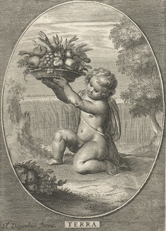 Element earth as a child with bowl of fruit and vegetables for cornfield in oval, Cornelis van Dalen II, Nicolaes Visscher I, 1648-1664