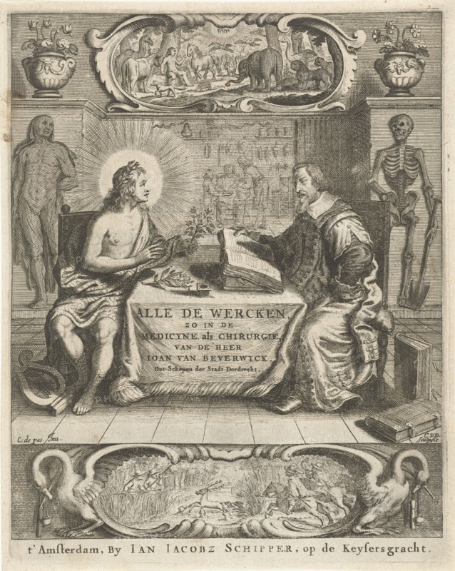 Physician Johan Beverwijk studying books about Apollo at the table in interior, Cornelis van Dalen (I), Jan Jacobsz Schipper, 1612 - 1656
