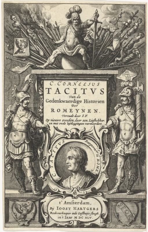 God enthroned on Mars column with war booty and portrait of Tacitus in cartouche flanked by two Roman soldiers, Cornelis van Dalen (I), Joost Hartgers, 1645