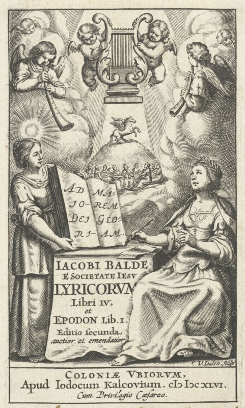 Female writes and draws inspiration from muses while angels playing musical instruments, Cornelis van Dalen (I), Jost Kalckhoven, Keizer, 1646