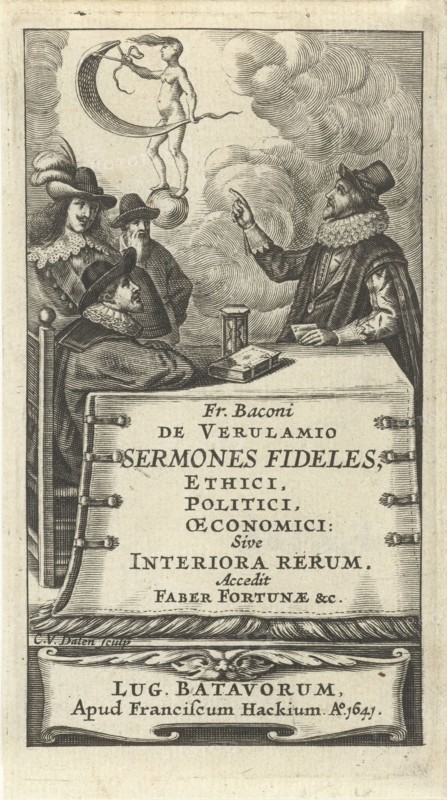 Four men at table with hourglass and floating in the air at Fortune globe, Cornelis van Dalen (I), Franciscus Hackius, 1641