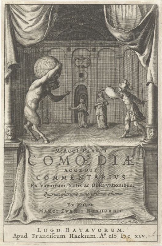 Scenic with satyr that world globe on shoulders and soldier who threatens levied sword, Cornelis van Dalen (I), Franciscus Hackius, 1645