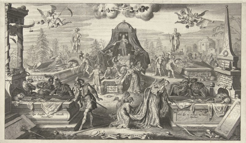 Men and women look in the opened tombs of historical figures, Cornelis van Dalen I, 1655