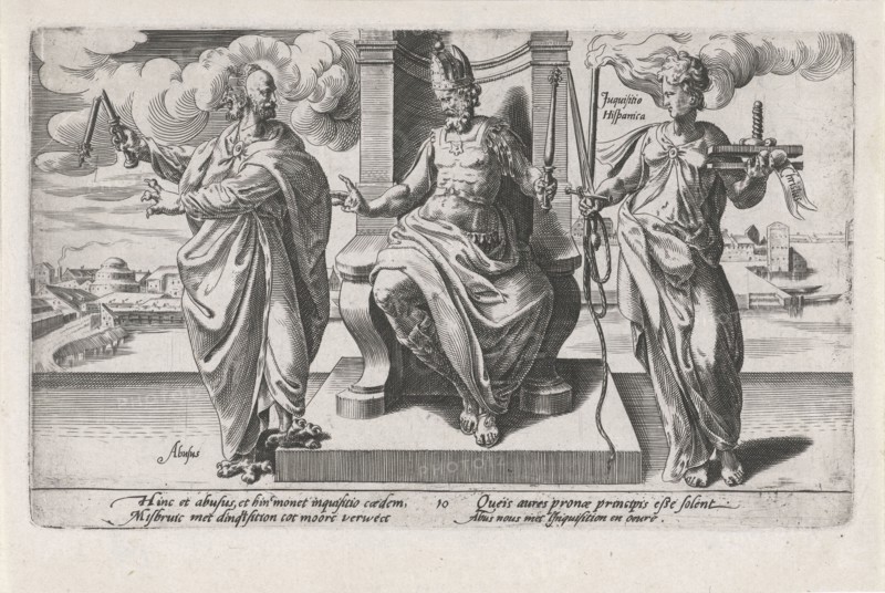 Corrupt rulers and the Spanish Inquisition commit murder, print maker: Dirck Volckertsz Coornhert, Adriaan de Weerdt, Hendrick Hondius I, 1604