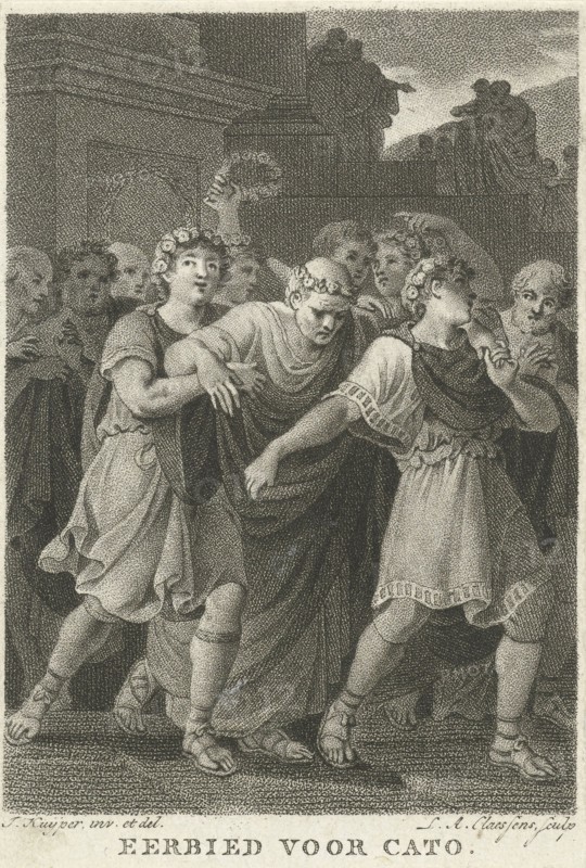 People go to the feast in honor of Cato, print maker: Lambertus Antonius Claessens, Jacques Kuyper, 1801