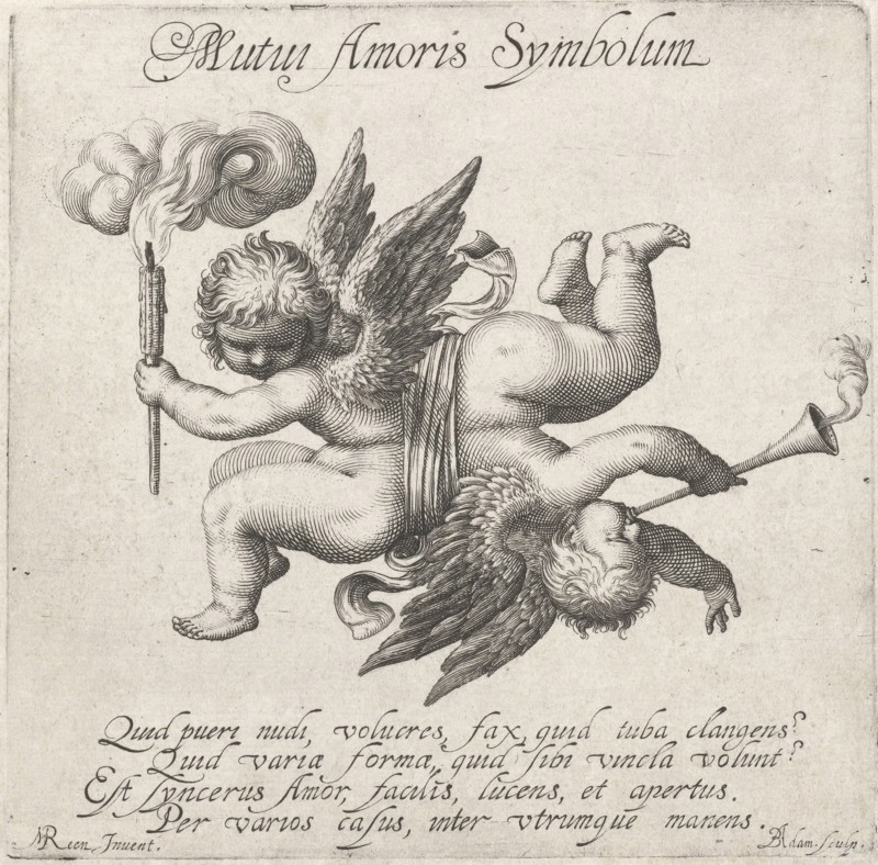 Two times Amor connected by a ribbon with eachother, print maker: BoÃ«tius Adamsz. Bolswert, M. Reen, 1590 - 1633