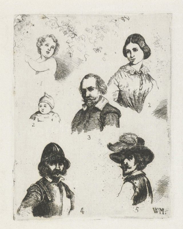 Study Sheet with six busts, Christiaan Wilhelmus Moorrees, 1811 - 1867