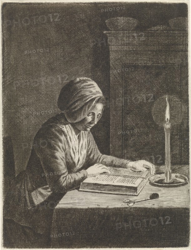 Dark room with woman reading, Johannes Christiaan Janson, 1778 - 1823