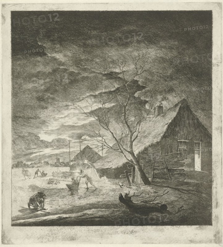 Night Landscape with farm and skaters, Johannes Janson, 1761-1784