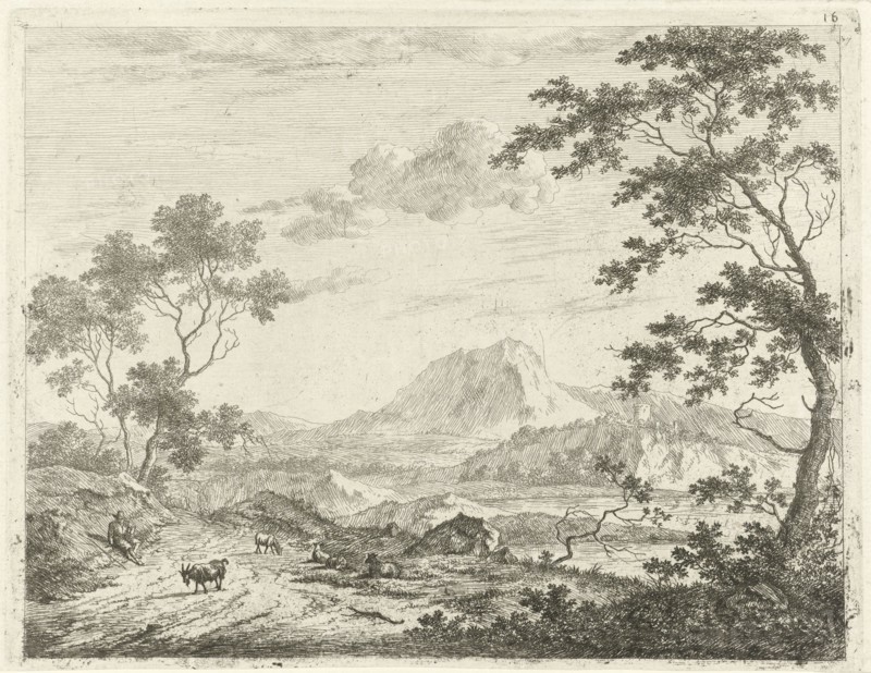 Mountainous landscape with resting shepherd, Johannes Janson, 1761-1784