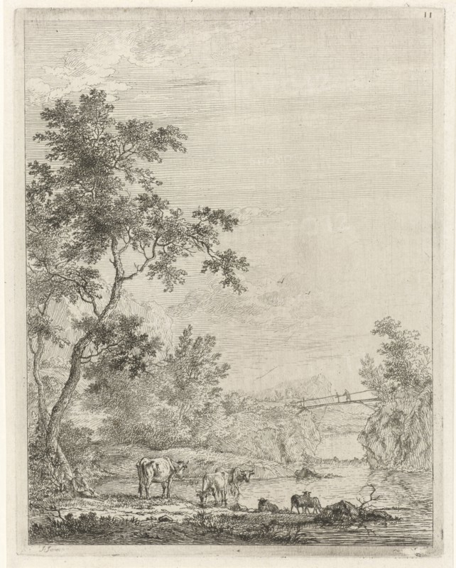 Mountainous landscape with shepherd and cattle by river, Johannes Janson, 1761-1784