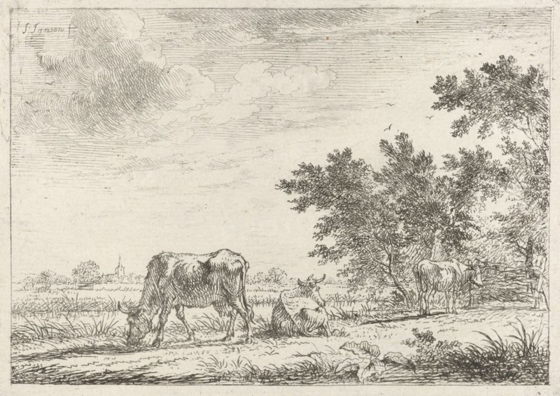 Three cows in pasture, John Janson, 1761-1784