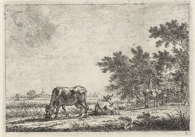 Three cows in pasture, Johannes Janson, 1761 - 1784