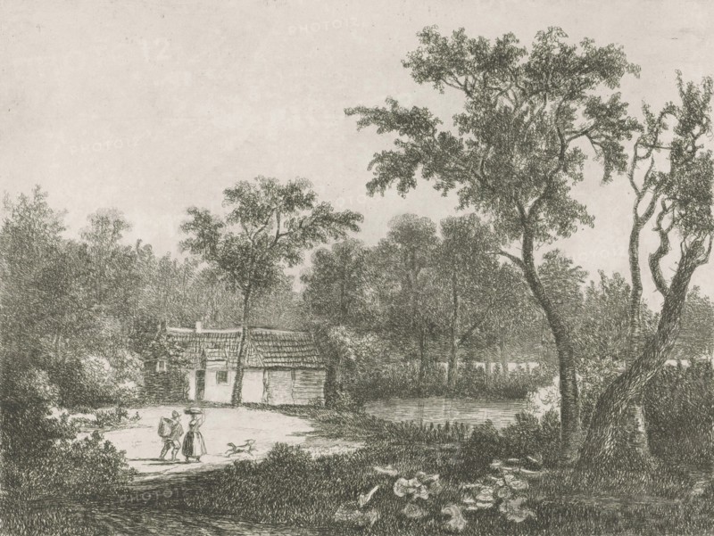 Man and woman at a house on the water, print maker: Hermanus Jan Hendrik van Rijkelijkhuysen, 1823 - 1883