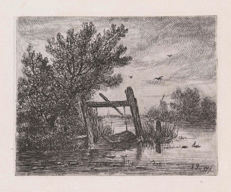 fish trap in a wooded waterfront, Johannes Pieter van Wisselingh, 1830 - 1878