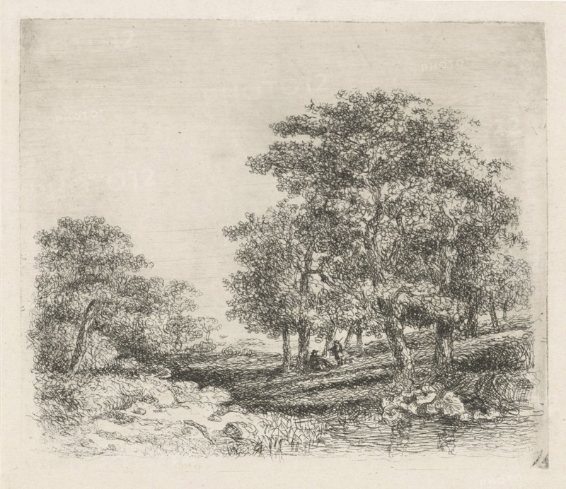 Wooded landscape with two men conversing, print maker: Hermanus Jan Hendrik van Rijkelijkhuysen, 1823 - 1883