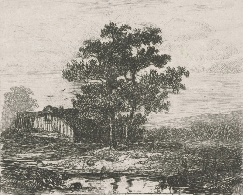 Two oaks and a wooden house, Hermanus Jan Hendrik van Rijkelijkhuysen, 1823 - 1883