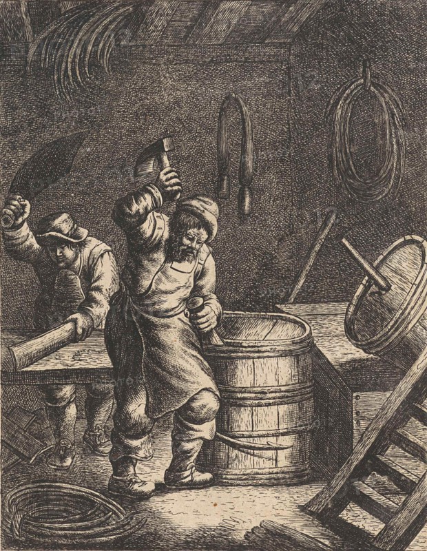 Cooper, someone who makes wooden, staved vessels, bound together with hoops and possessing flat ends or heads, Jan Gillisz. van Vliet, Anonymous, 1635 - 1685