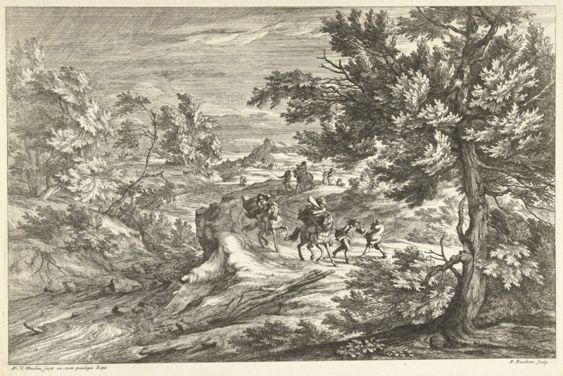 Landscape with travelers surprised by storm, Adriaen Frans Boudewyns, Adam Frans van der Meulen, Lodewijk XIV (koning van Frankrijk), 1666 - 1681