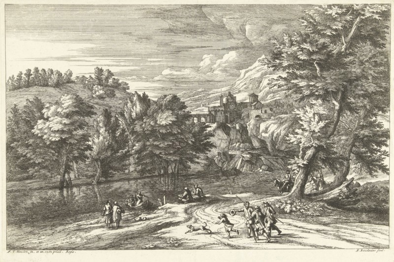 Landscape with river and boat Mooring, Adriaen Frans Boudewyns, Adam Frans van der Meulen, Lodewijk XIV (koning van Frankrijk), 1666 - 1674