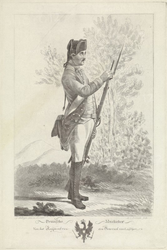 Prussian musketeer with musket and bayonet, Mathias de Sallieth, 1764 - 1791