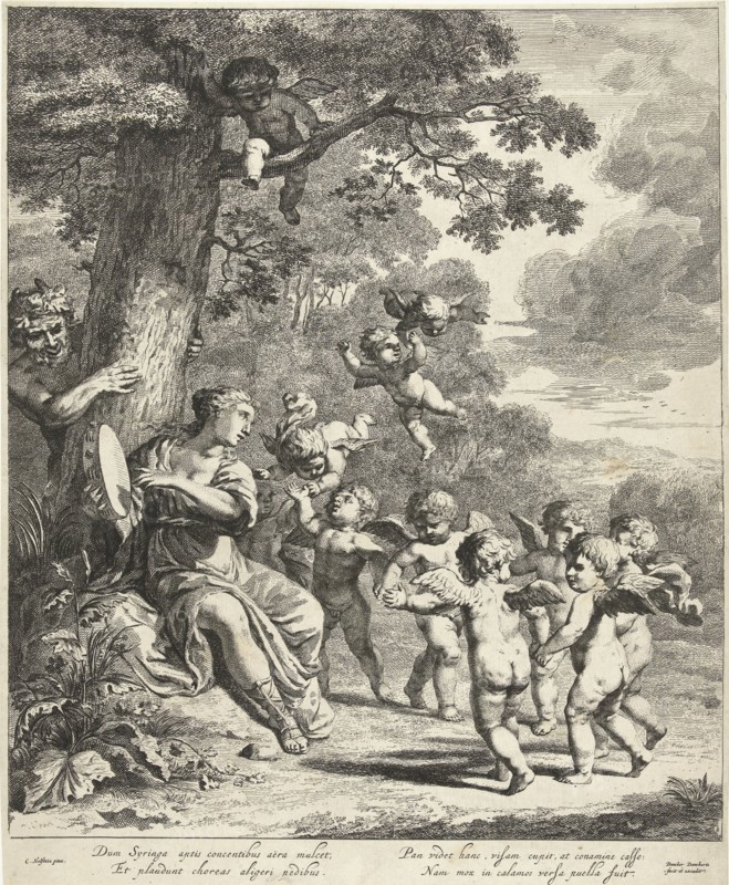 Pan and Syrinx with dancing putti, Dancker Danckerts, 1633 - 1675