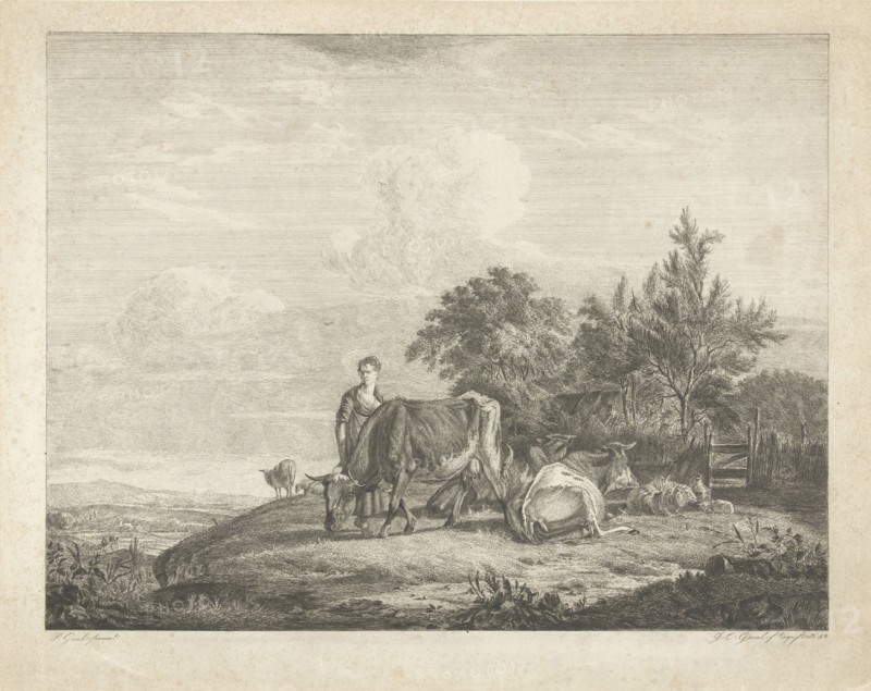 Landscape with shepherdess with her flock, print maker: Jacobus Cornelis Gaal, Pieter Gaal, 1852
