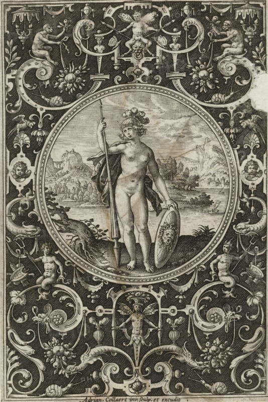 Medallion with Minerva with spear and shield with Medusa head in frame of grotesques with flowers, garlands, animals and mascarons