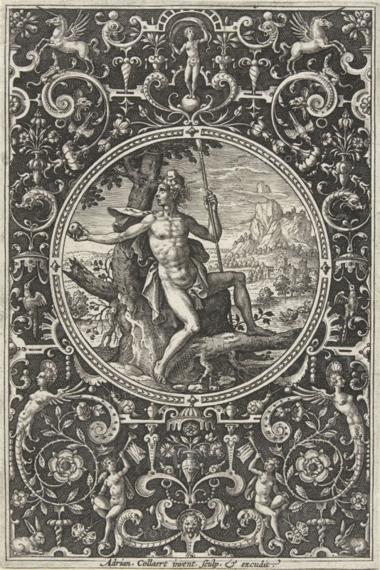 Medallion which Paris, sitting against a tree, print maker: Adriaen Collaert, 1570 - 1618