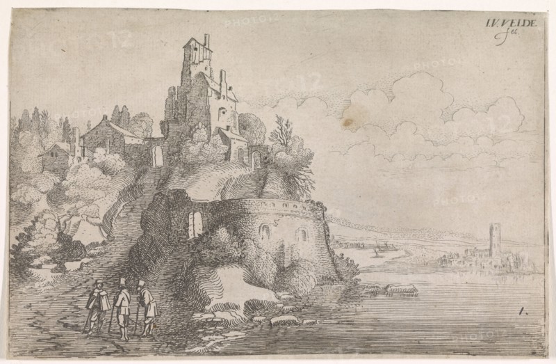 Figures at a fort in a river landscape, Jan van de Velde (II), 1603 - 1641