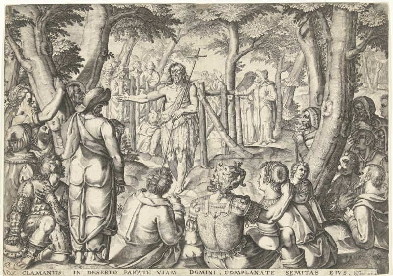 John the Baptist preaching to a group of people, print maker: Bartholomeus Willemsz. Dolendo, 1589 - 1626