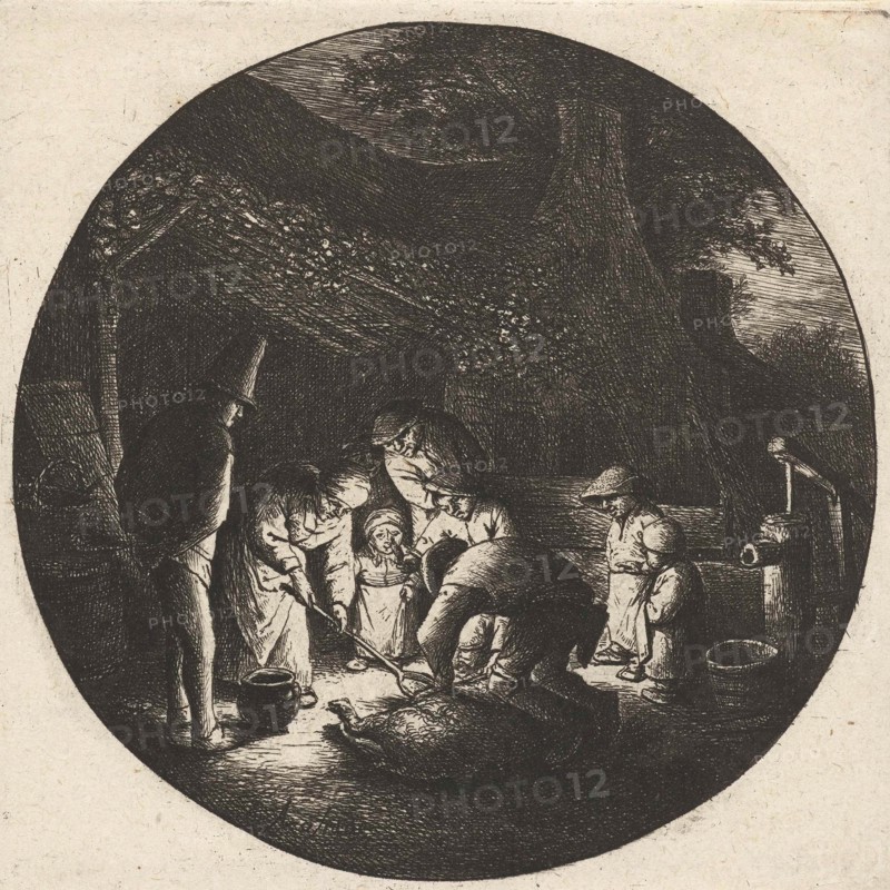 Peasant family and the slaughter of a pig, Adriaen van Ostade, 1650-1654