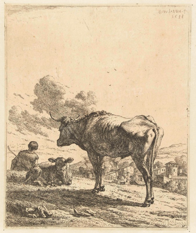 Shepherd with an ox and calf in a village, Karel Dujardin, 1658