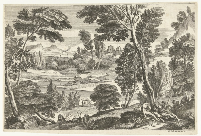 Family in landscape, print maker: Nicolas Guérard, Adriaen van der Kabel, N. Robert, 1648 - 1718