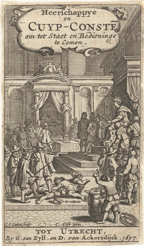 King on throne surrounded by nationals and cooper with barrel, Cornelis van Dalen II, Gijsbert van Zijll, Dirck van Ackersdijck, 1657
