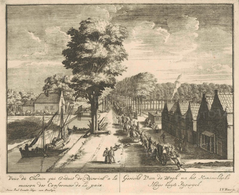 A procession of horsemen and carriages on the road to the Huis ter Nieuwburg Rijswijk, The Netherlands, print maker: Jan van Vianen (mentioned on object), Dating 1697 - 1699