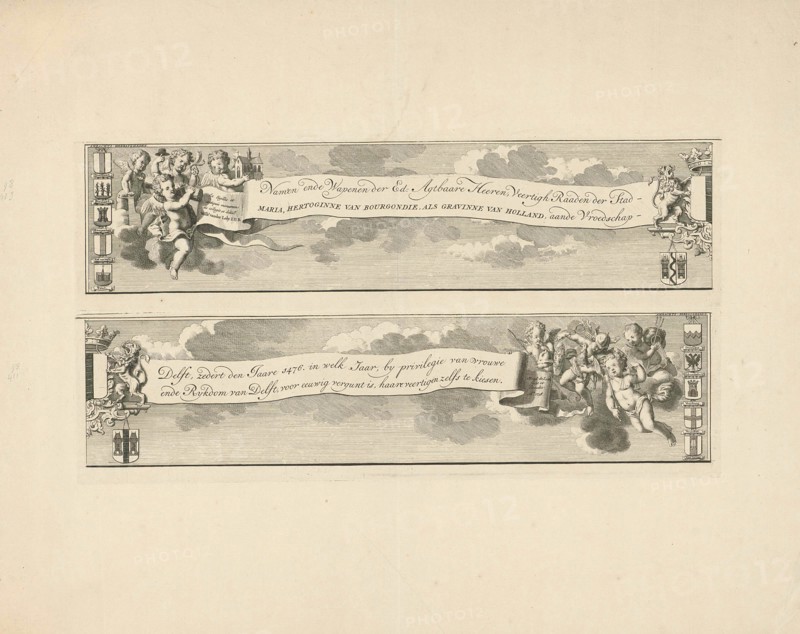 Coat of arms Delft, flanked by putti, Hendrik de Leth, 1738