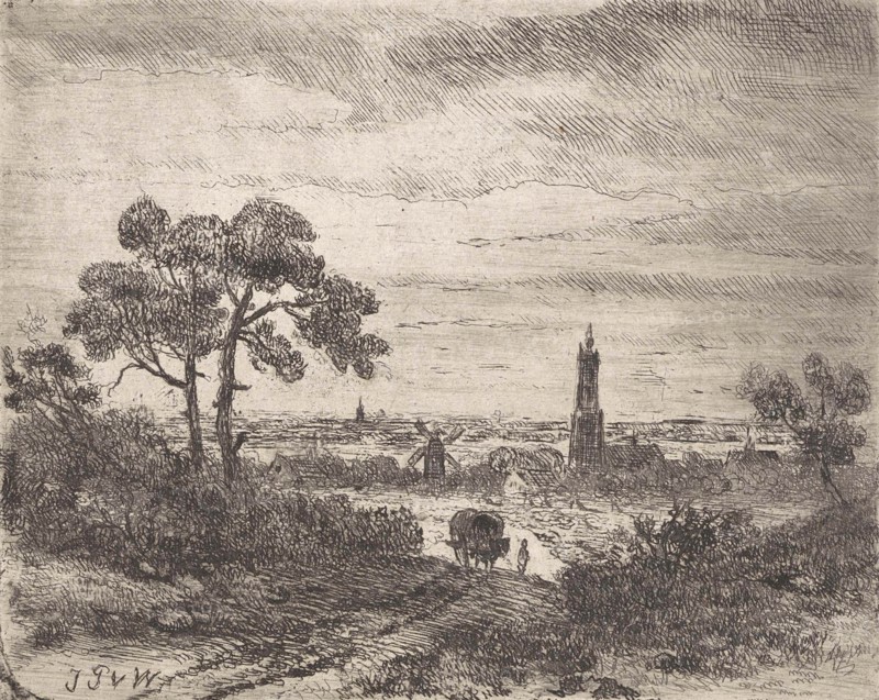 View of a city, Rhenen (?), With a church and a mill, leading a horse-drawn carriage with a figure on a country road, print maker: Johannes Pieter van Wisselingh (mentioned on object), Dating 1830 - 1878